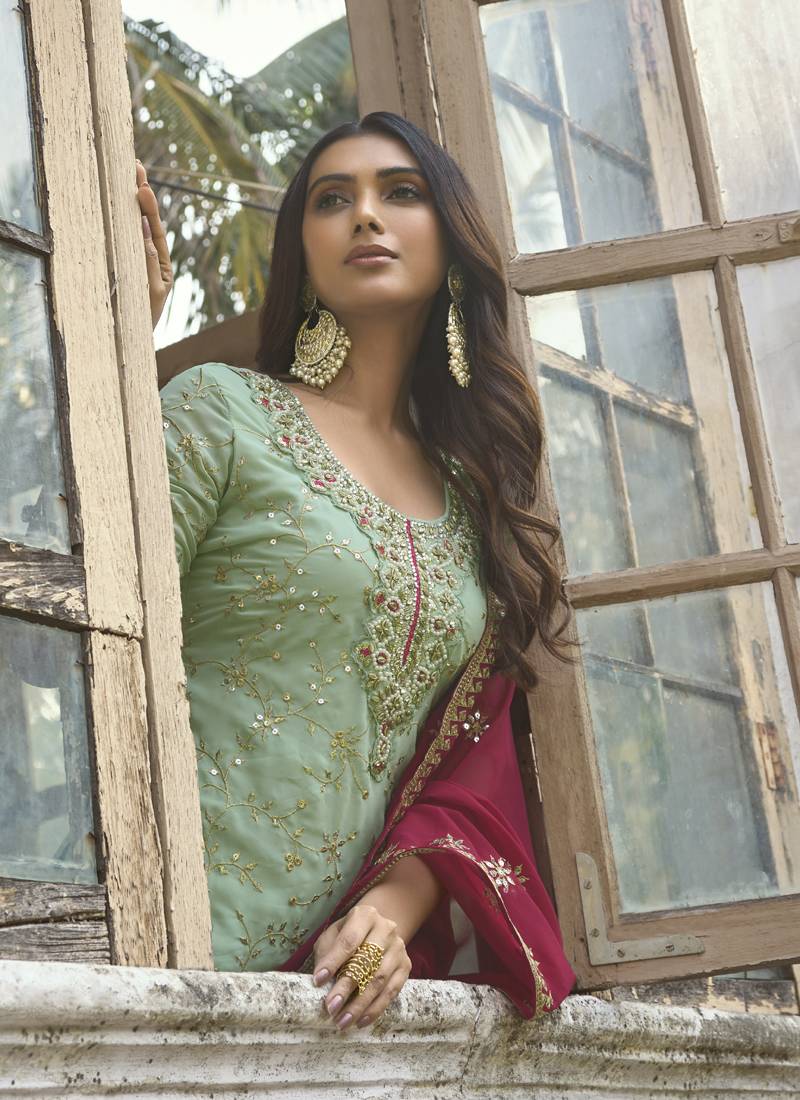 Vegaa Fashion Sea Green Georgette Embroidery Party Wear Palazzo | Grocsy