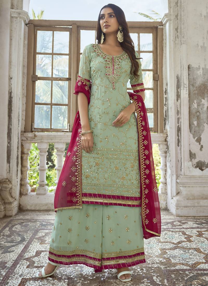 Vegaa Fashion Sea Green Georgette Embroidery Party Wear Palazzo | Grocsy