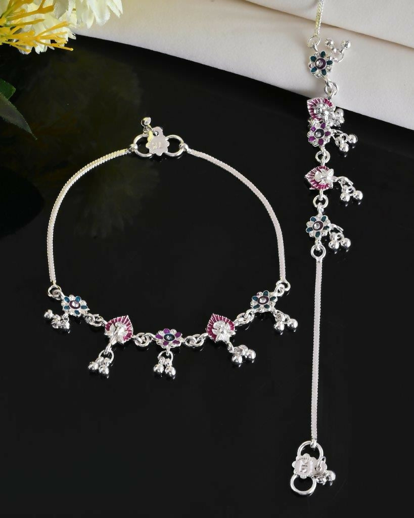 VOJ Set of 2 Silver Plated Designer Multi Color Anklet | Grocsy