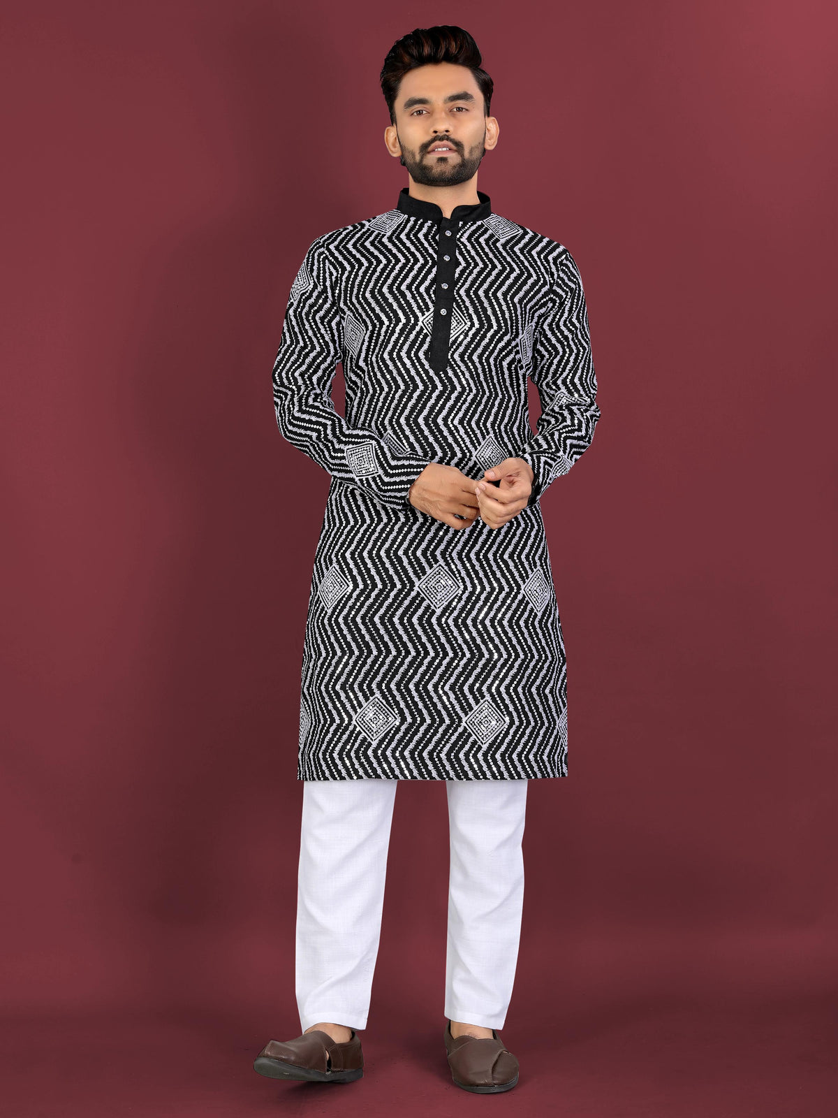 Neera Trendz Black Soft Silk Embroidered Men's Kurta Pyjama | Grocsy