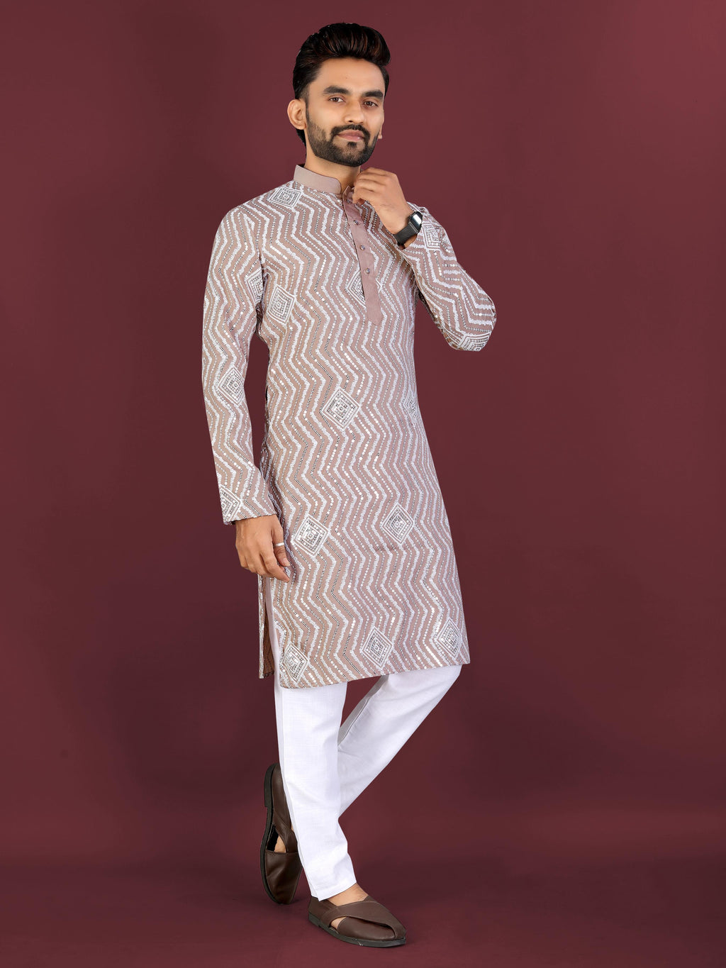 Neera Trendz Brown Soft Silk Embroidered Men's Kurta Pyjama | Grocsy
