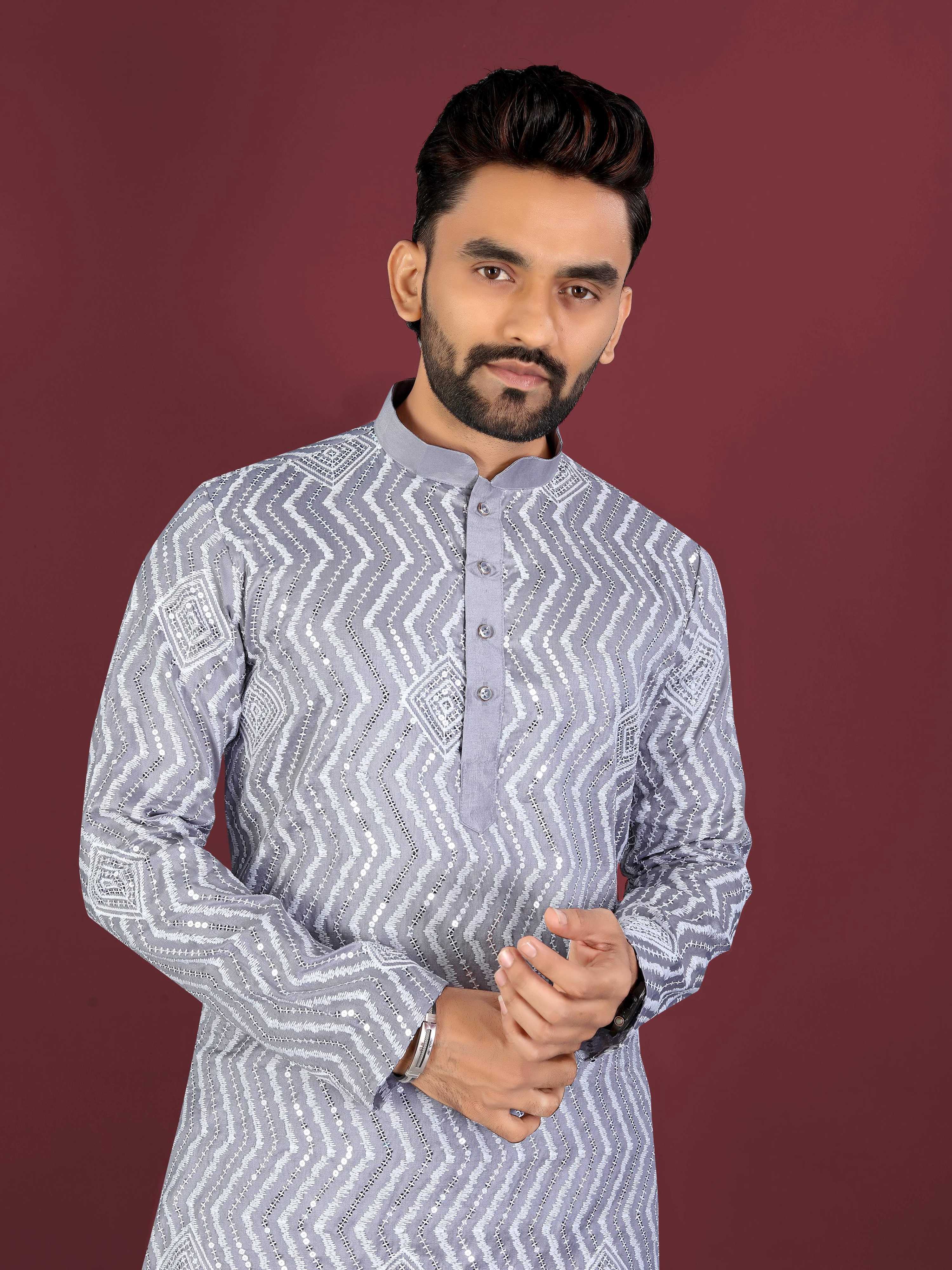 Neera Trendz Grey Soft Silk Embroidered Men's Kurta Pyjama | Grocsy