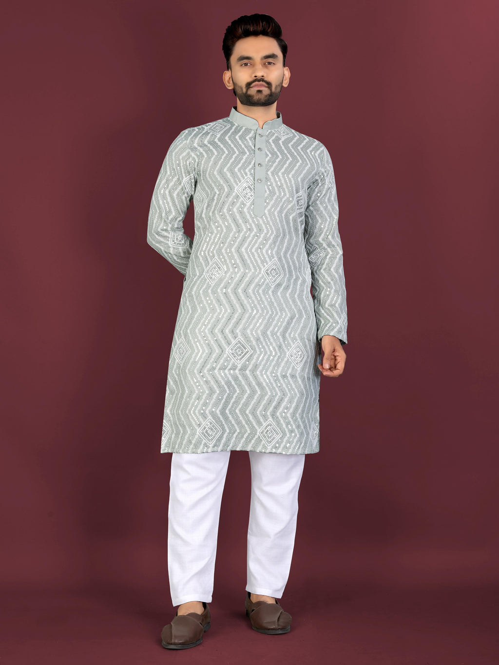Neera Trendz Light Green Soft Silk Embroidered Men's Kurta Pyjama | Grocsy