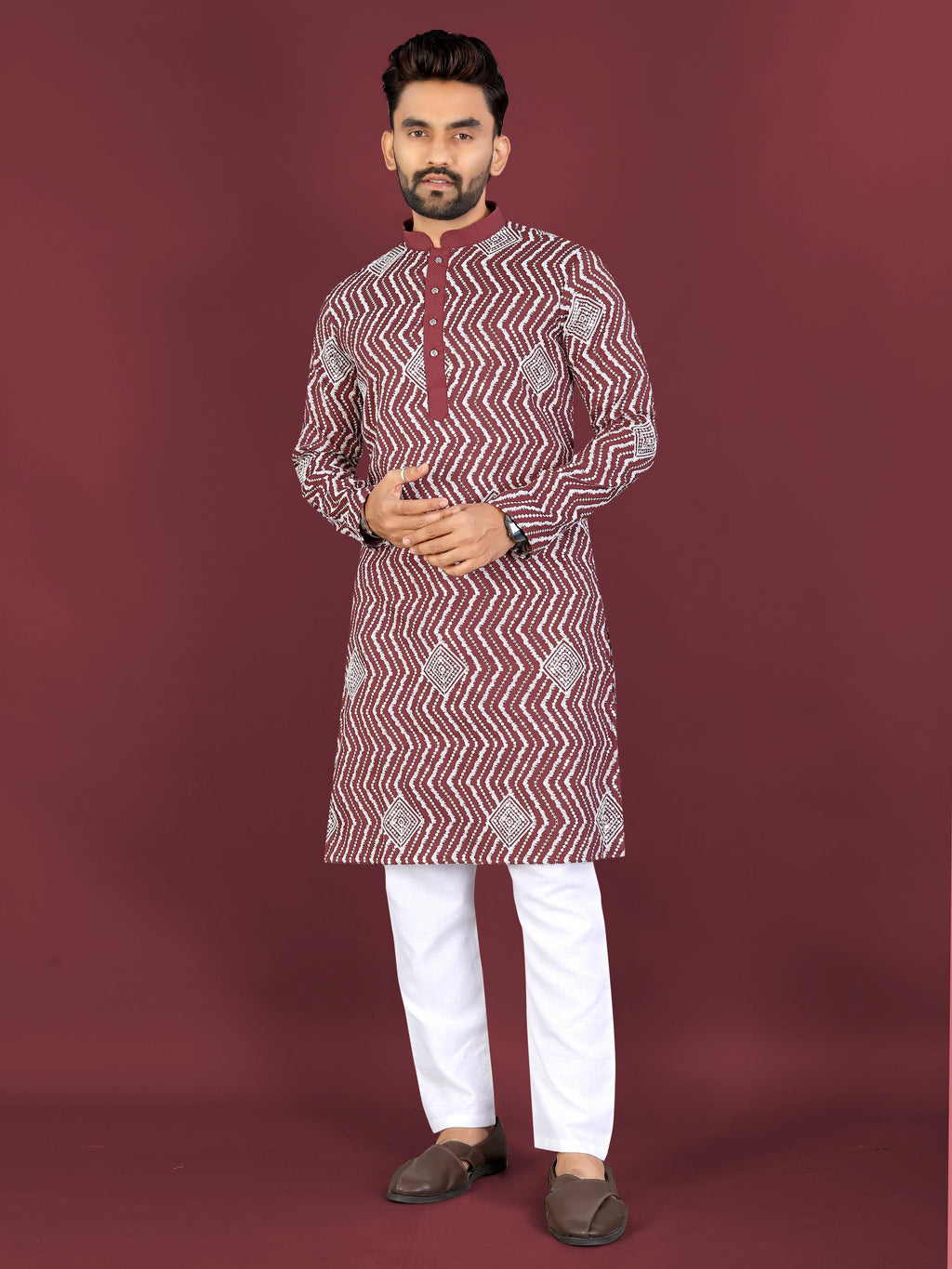 Neera Trendz Maroon Soft Silk Embroidered Men's Kurta Pyjama | Grocsy