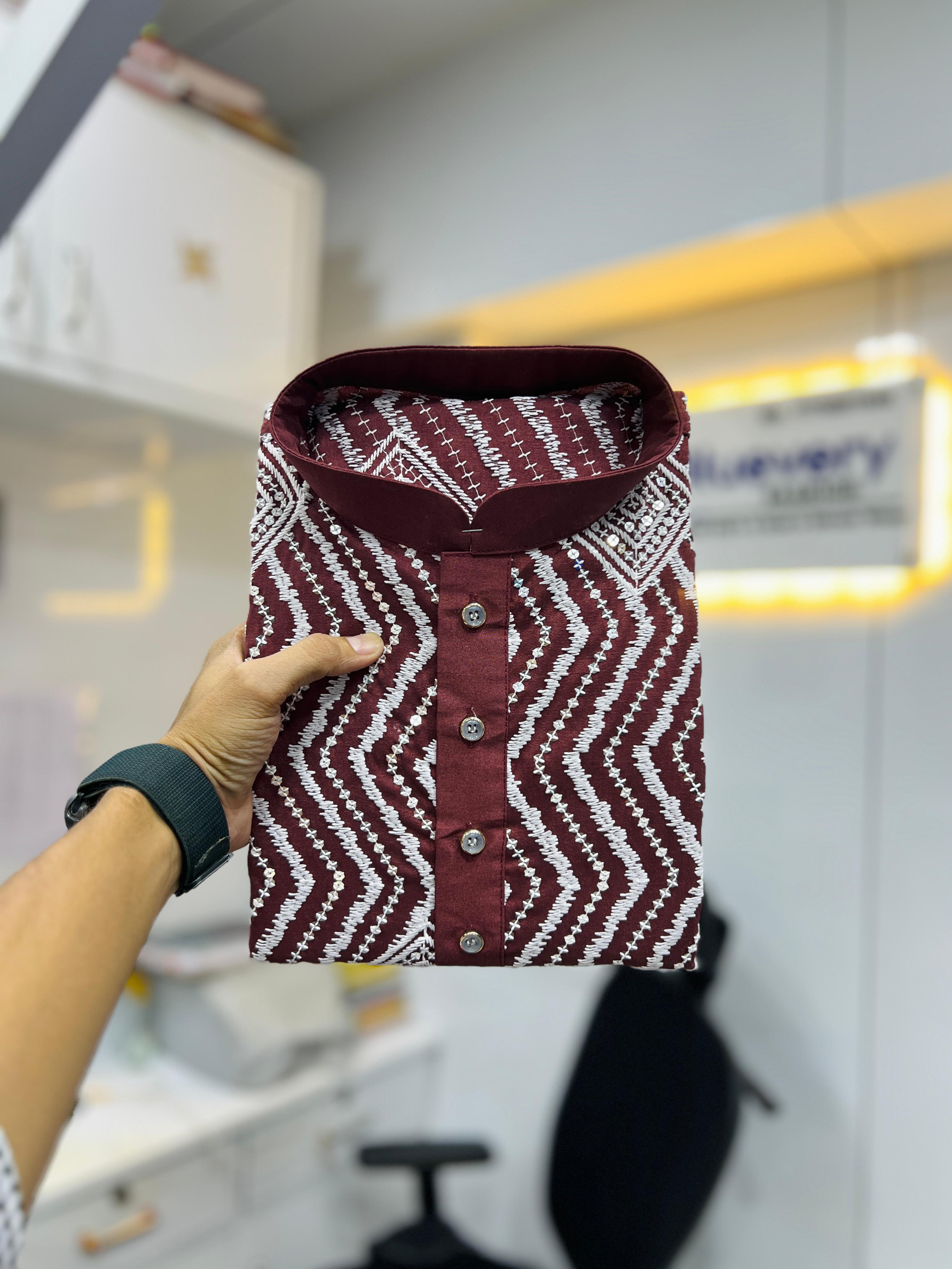 Neera Trendz Maroon Soft Silk Embroidered Men's Kurta Pyjama | Grocsy