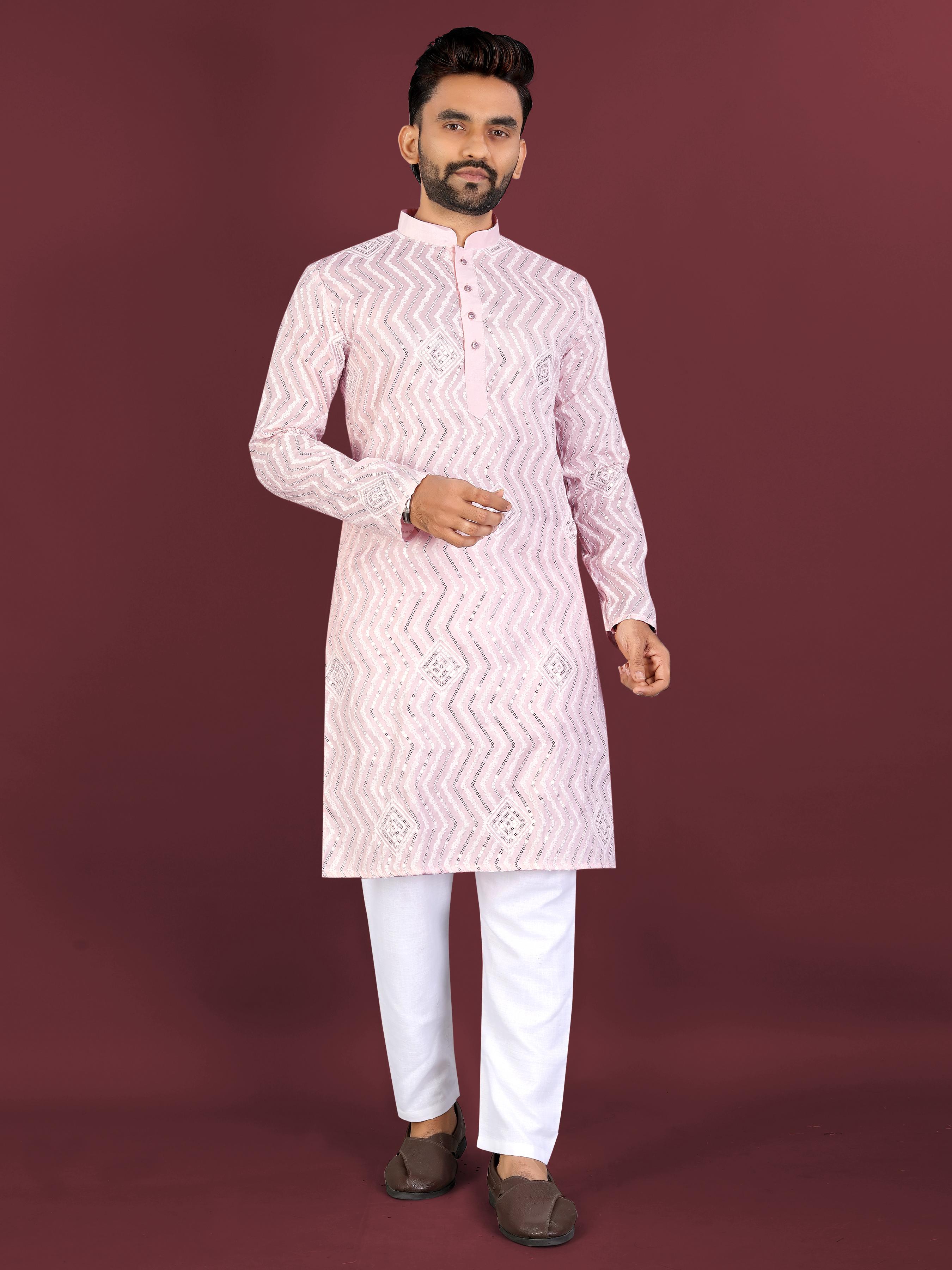 Neera Trendz Pink Soft Silk Embroidered Men's Kurta Pyjama | Grocsy