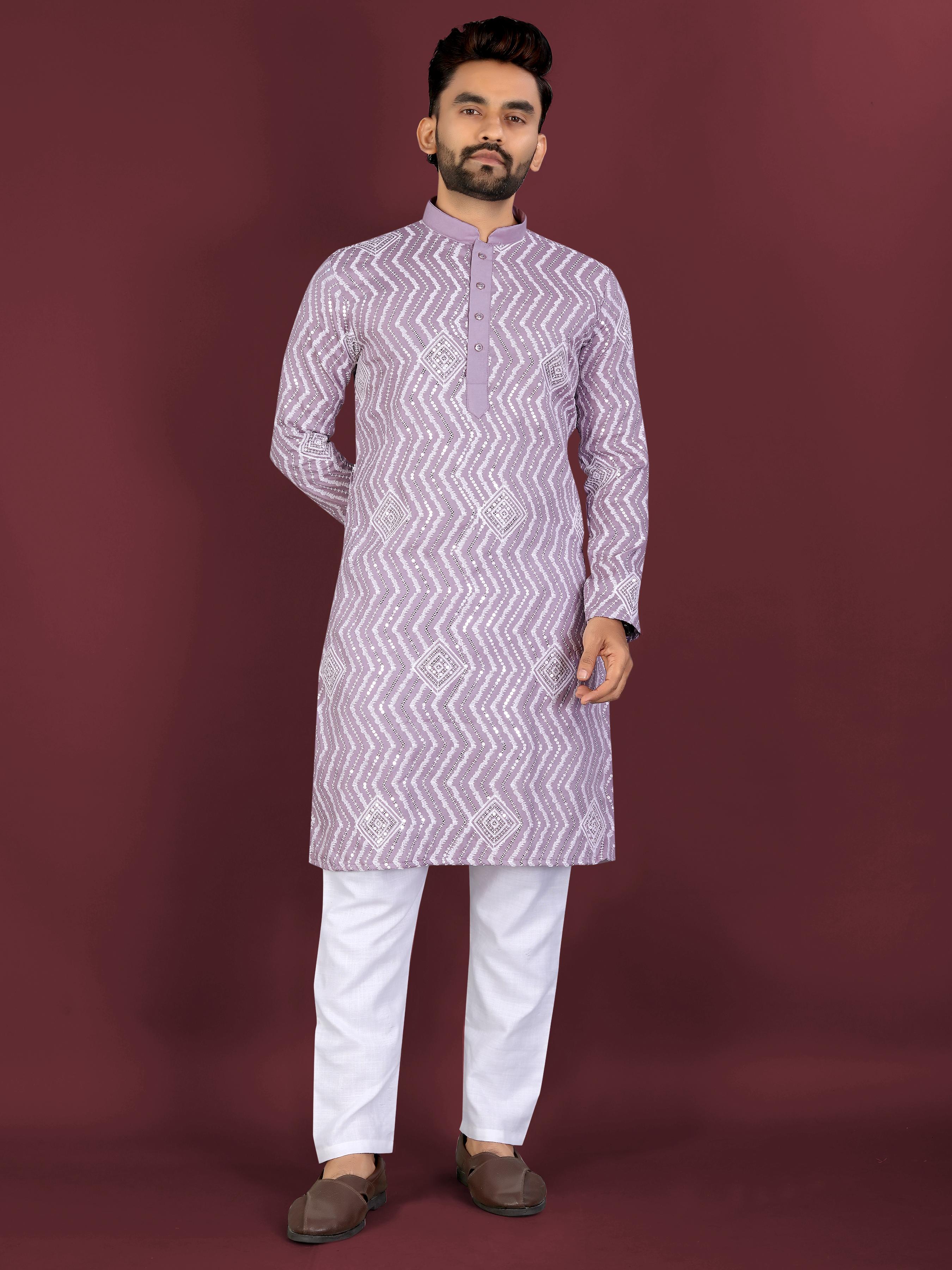 Neera Trendz Purple Soft Silk Embroidered Men's Kurta Pyjama | Grocsy