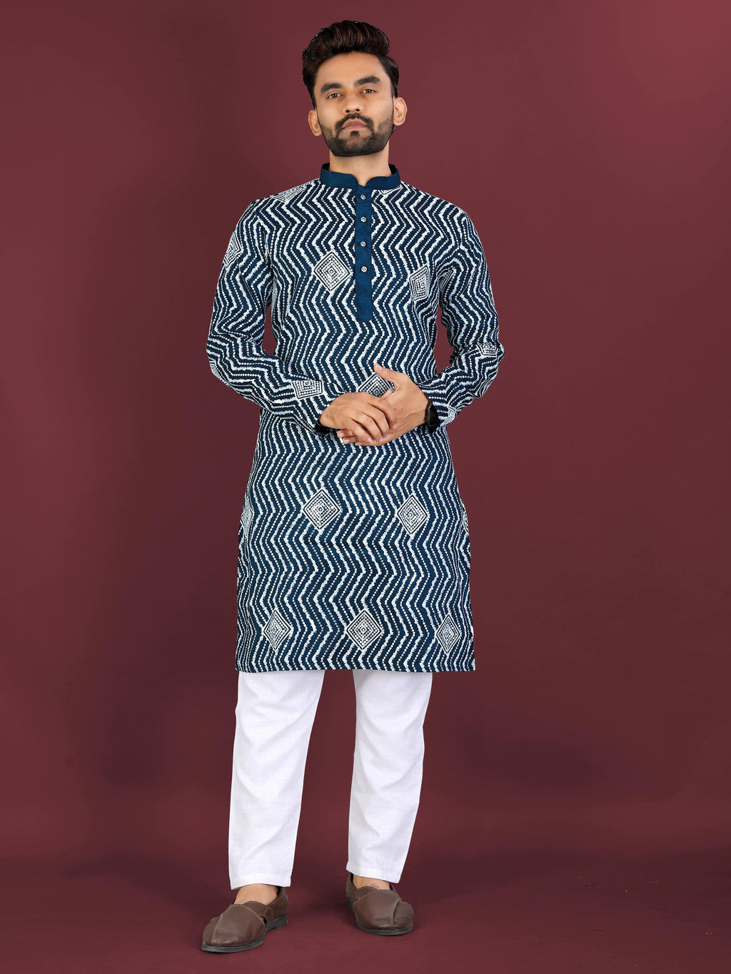 Neera Trendz Teal Soft Silk Embroidered Men's Kurta Pyjama | Grocsy