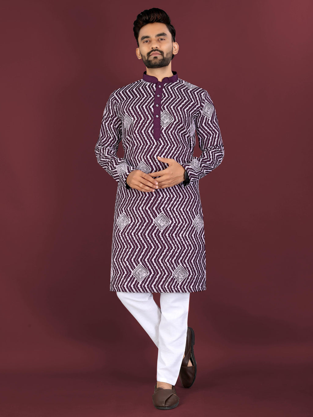 Neera Trendz Wine Soft Silk Embroidered Men's Kurta Pyjama | Grocsy