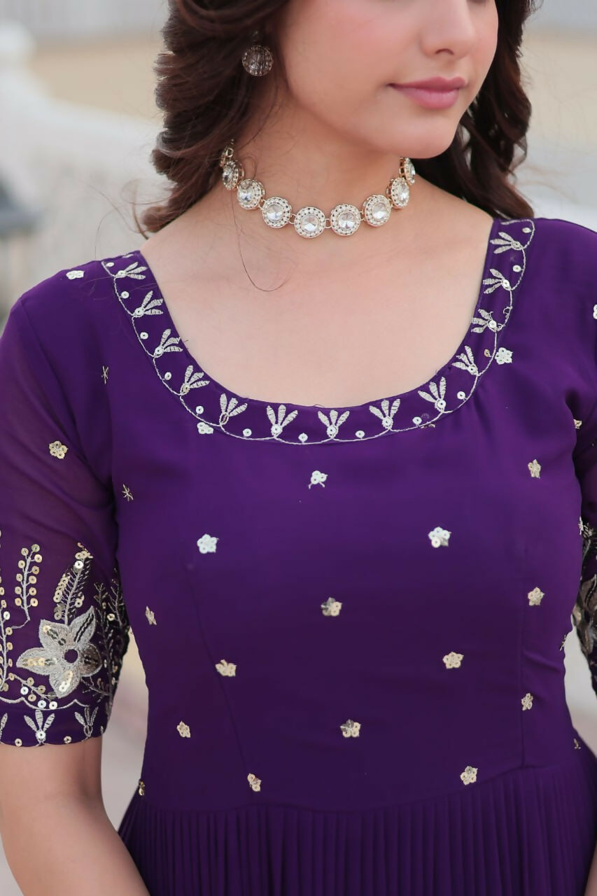 Vastranavya Premium Designer Faux Blooming with Embroidery Zari Sequins work Gown - Purple | Grocsy