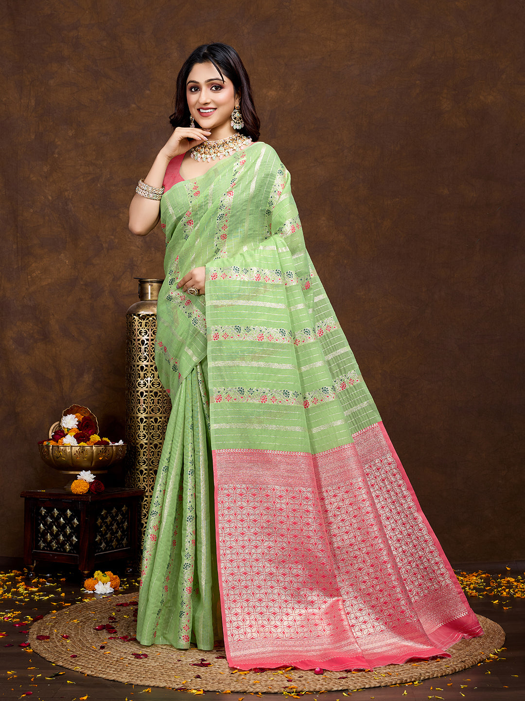 Vedant Vastram Jacquard Work Fancy Bollywood Saree - Pista | Grocsy