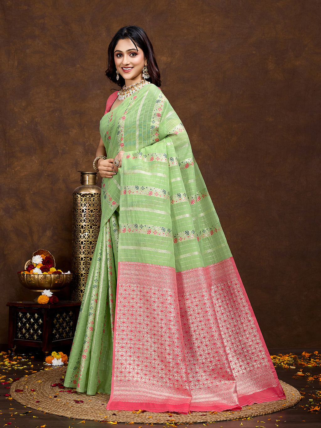 Vedant Vastram Jacquard Work Fancy Bollywood Saree - Pista | Grocsy