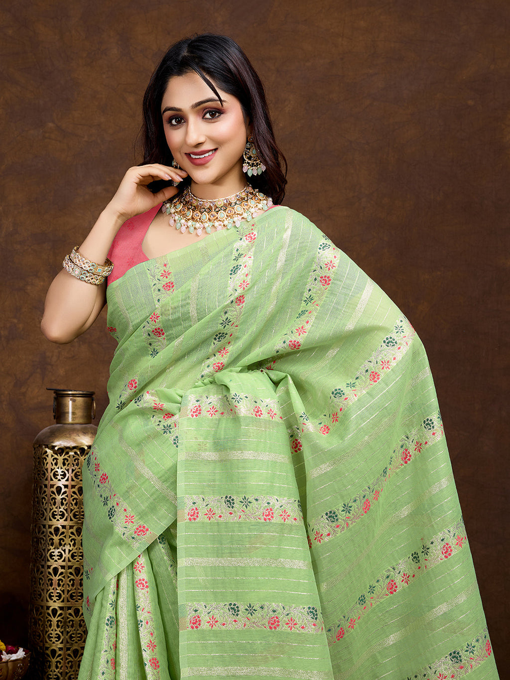 Vedant Vastram Jacquard Work Fancy Bollywood Saree - Pista | Grocsy