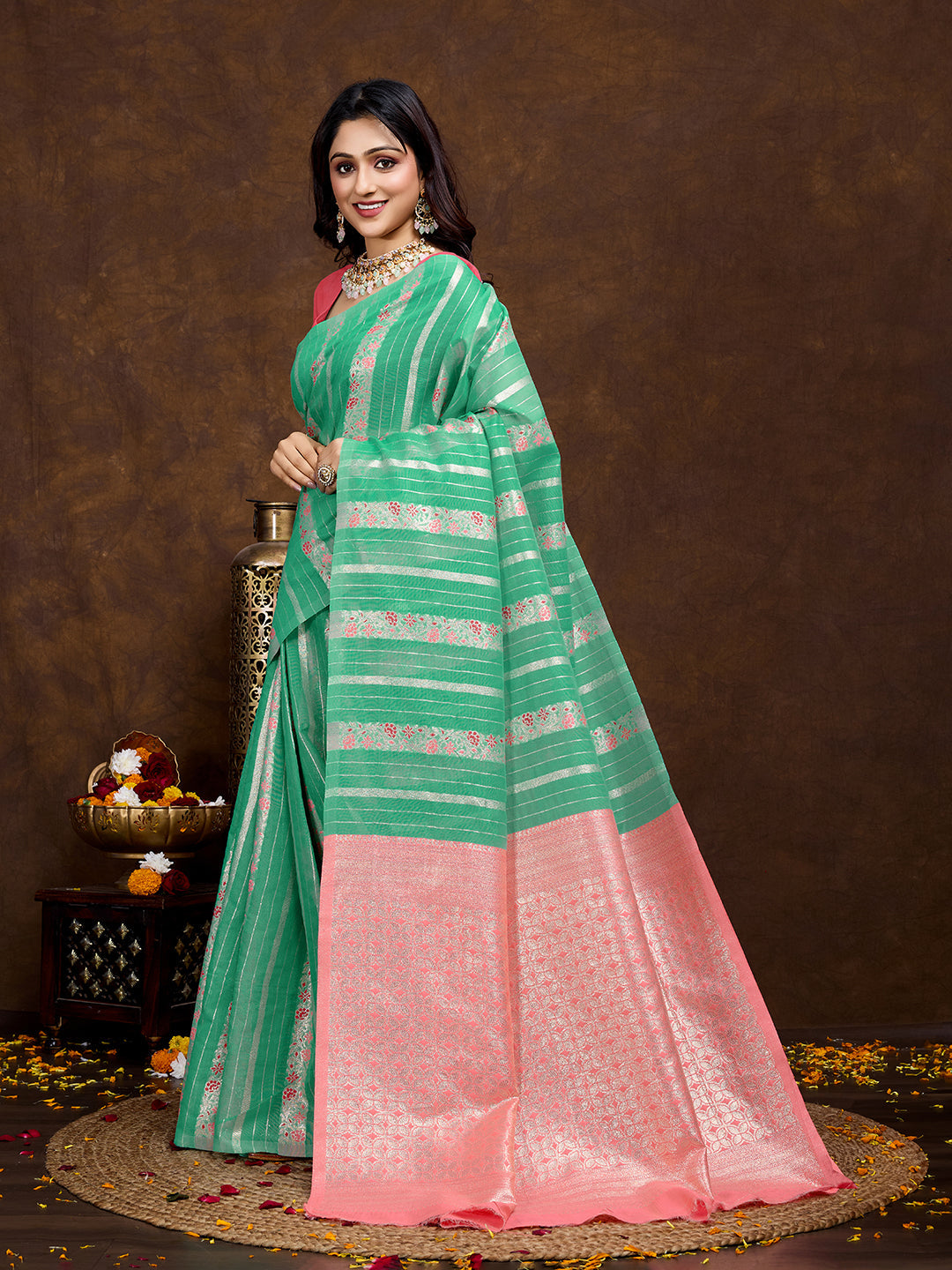 Vedant Vastram Jacquard Work Fancy Bollywood Saree - Seegreen | Grocsy