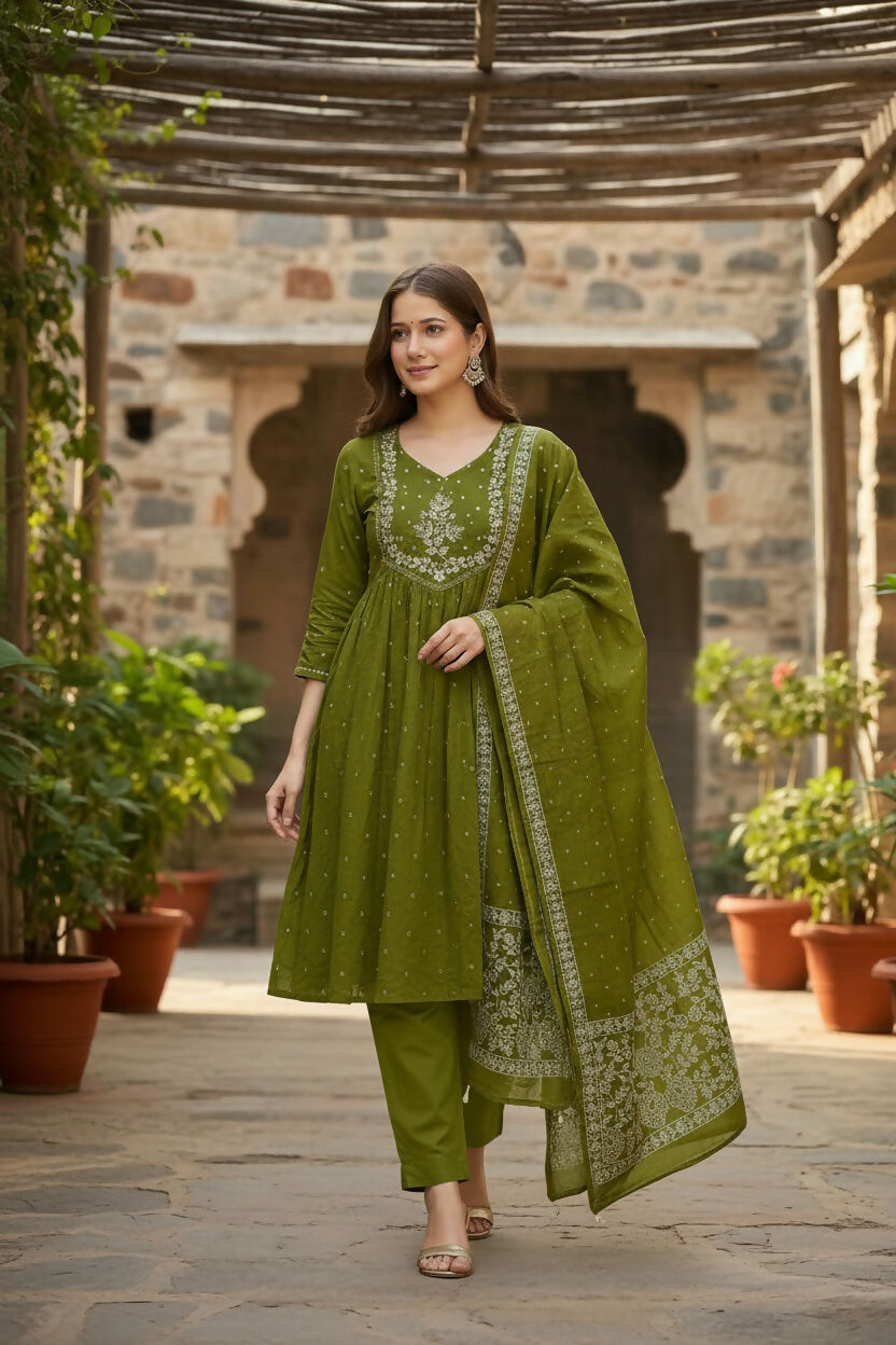 The52 Women's Beautiful Cotton Fabric Embroidery Work Flared Anarkali Pant and Dupatta Set | Grocsy