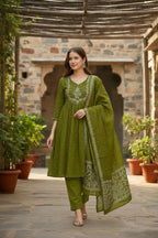 The52 Women's Beautiful Cotton Fabric Embroidery Work Flared Anarkali Pant and Dupatta Set | Grocsy