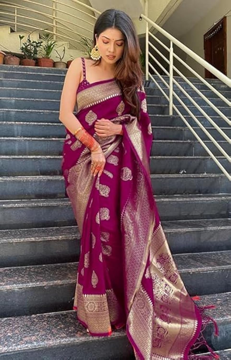 Vamika Weaving Banarasi Jacquard Purple Kanjivaram Saree | Grocsy