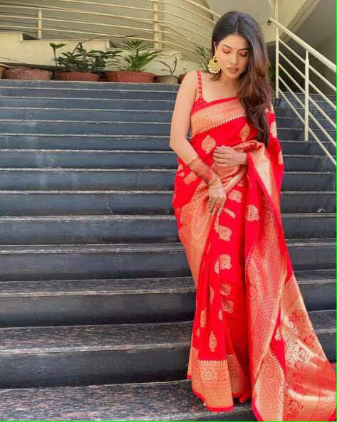 Vamika Weaving Banarasi Jacquard Red Kanjivaram Saree | Grocsy