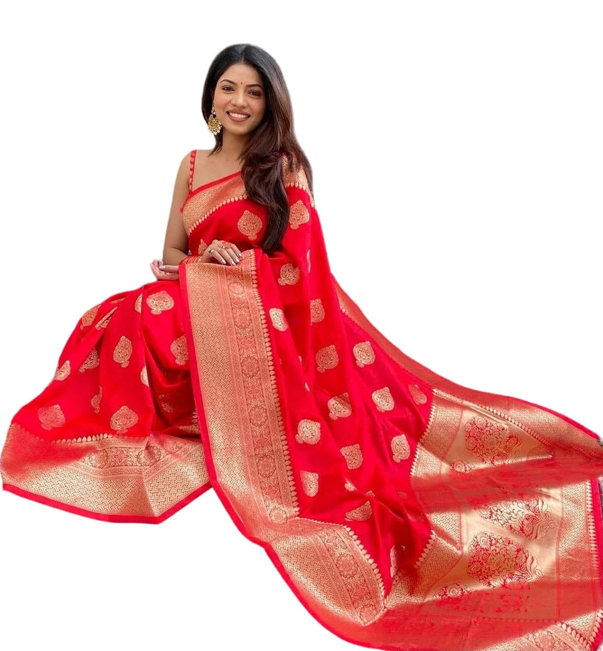 Vamika Weaving Banarasi Jacquard Red Kanjivaram Saree | Grocsy