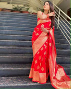 Vamika Weaving Banarasi Jacquard Red Kanjivaram Saree | Grocsy