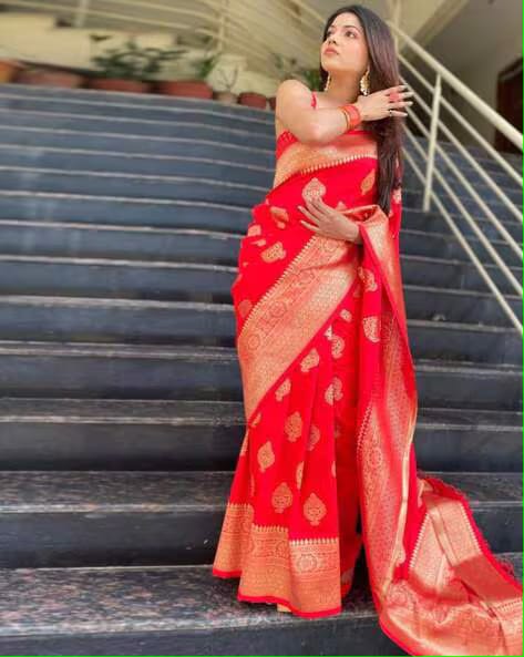 Vamika Weaving Banarasi Jacquard Red Kanjivaram Saree | Grocsy