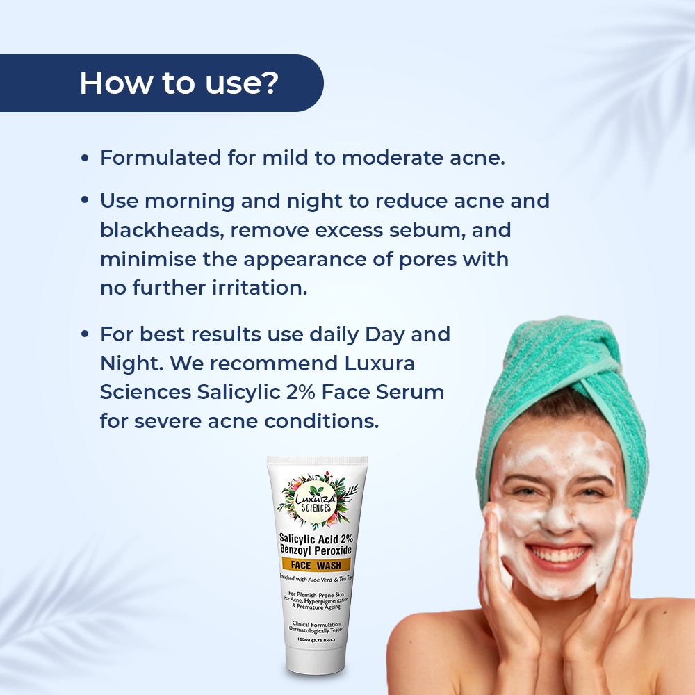 Luxura Sciences Salicylic Acid 2% Face Wash with Niacinamide, Benzoyl Peroxide, Aloe Vera & Tea Tree | Grocsy