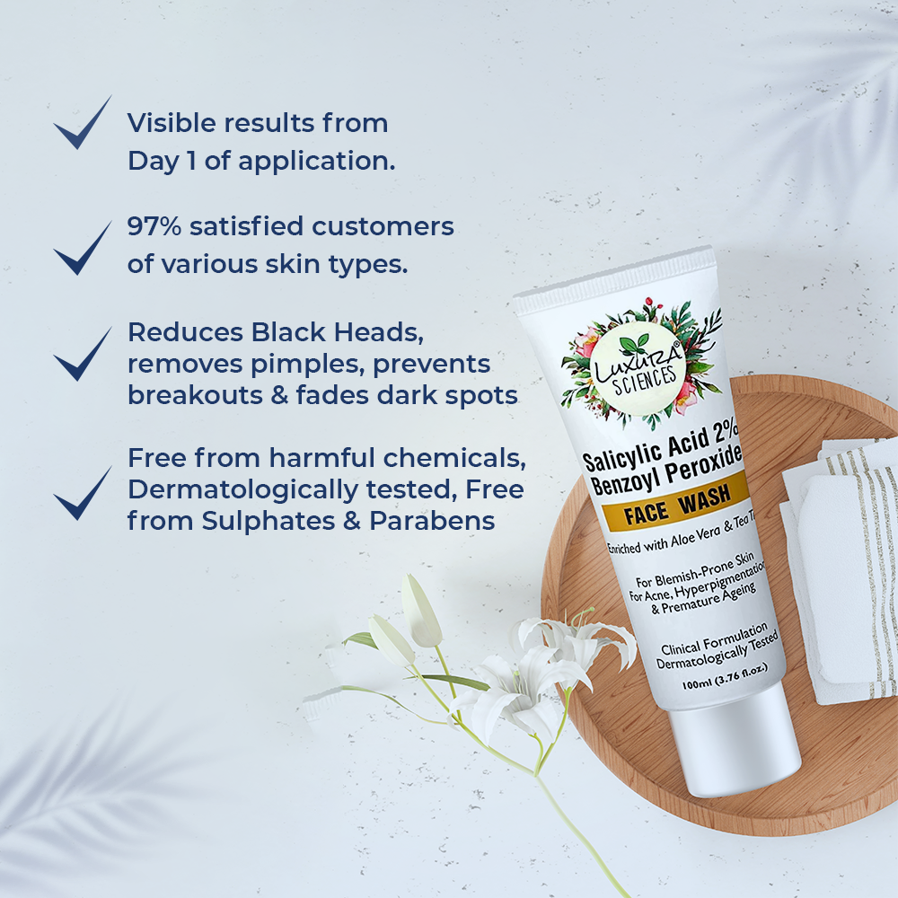 Luxura Sciences Salicylic Acid 2% Face Wash with Niacinamide, Benzoyl Peroxide, Aloe Vera & Tea Tree | Grocsy