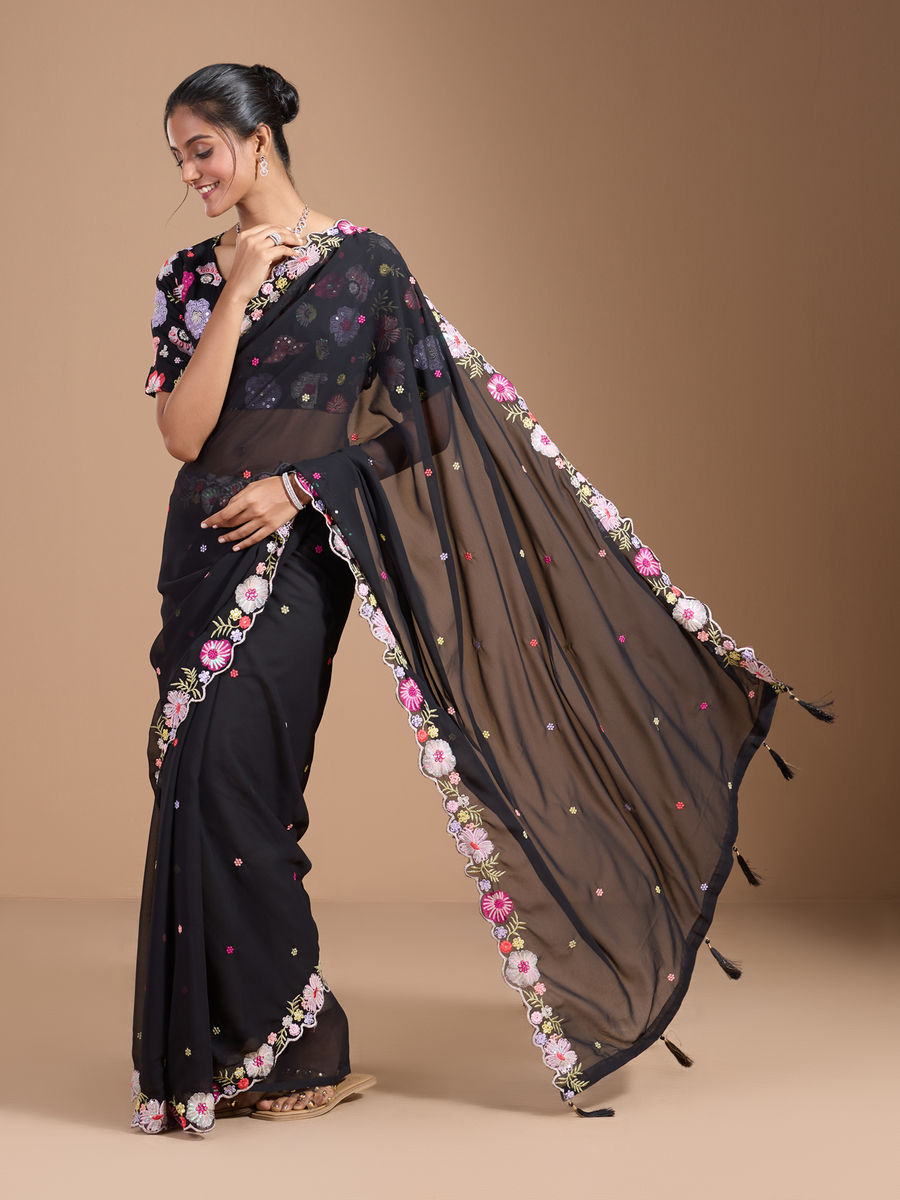 Vamika Embroidery Black Georgette Bollywood Saree | Grocsy