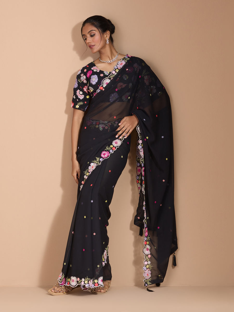 Vamika Embroidery Black Georgette Bollywood Saree | Grocsy