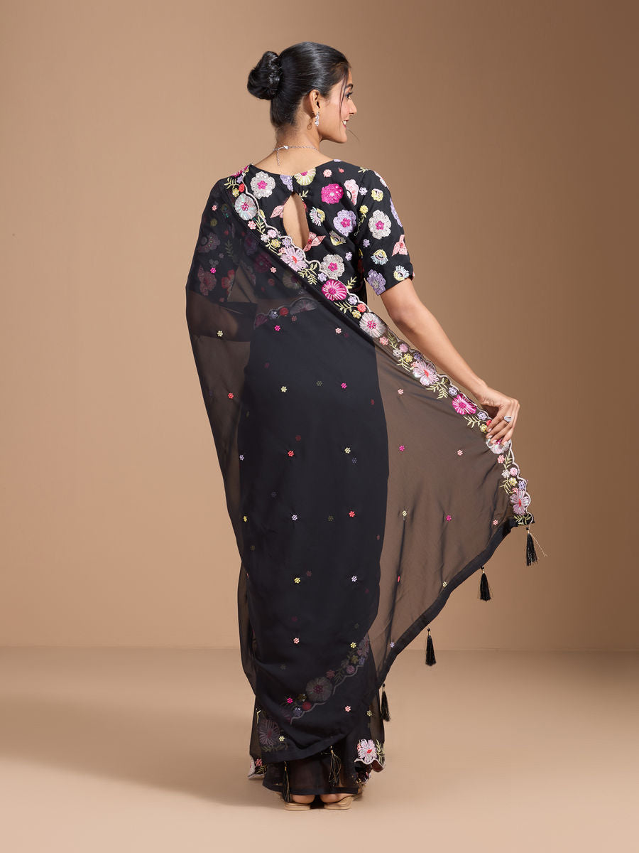 Vamika Embroidery Black Georgette Bollywood Saree | Grocsy