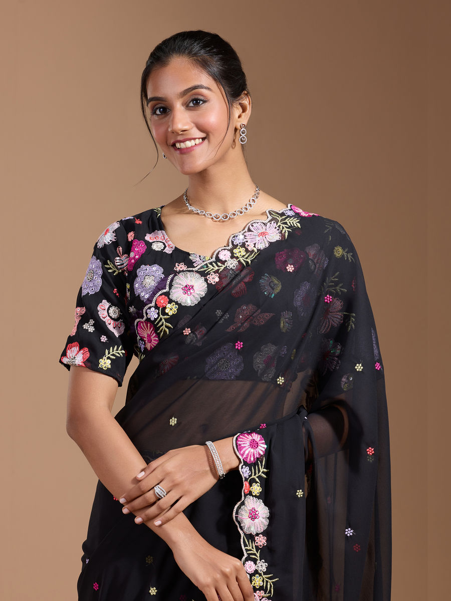 Vamika Embroidery Black Georgette Bollywood Saree | Grocsy