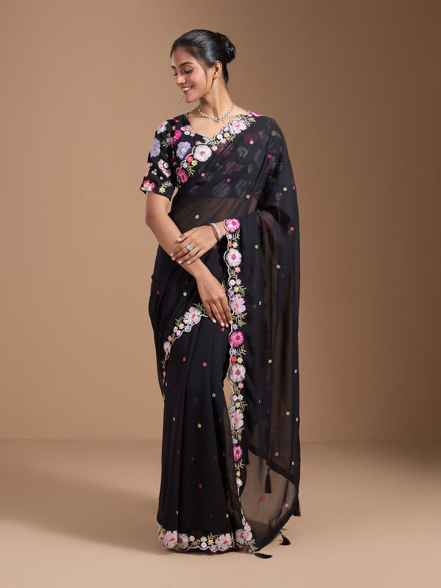 Vamika Embroidery Black Georgette Bollywood Saree | Grocsy