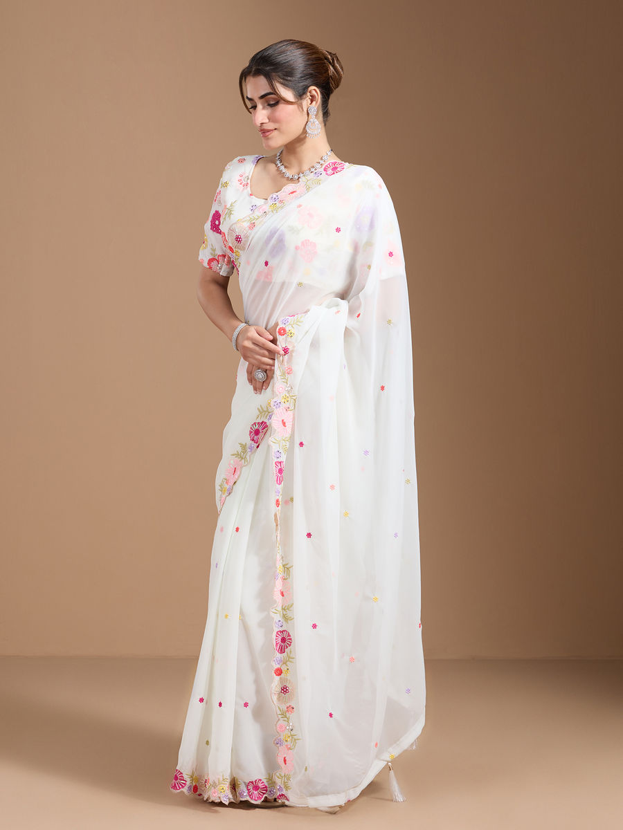 Vamika Embroidery Cream Georgette Bollywood Saree | Grocsy