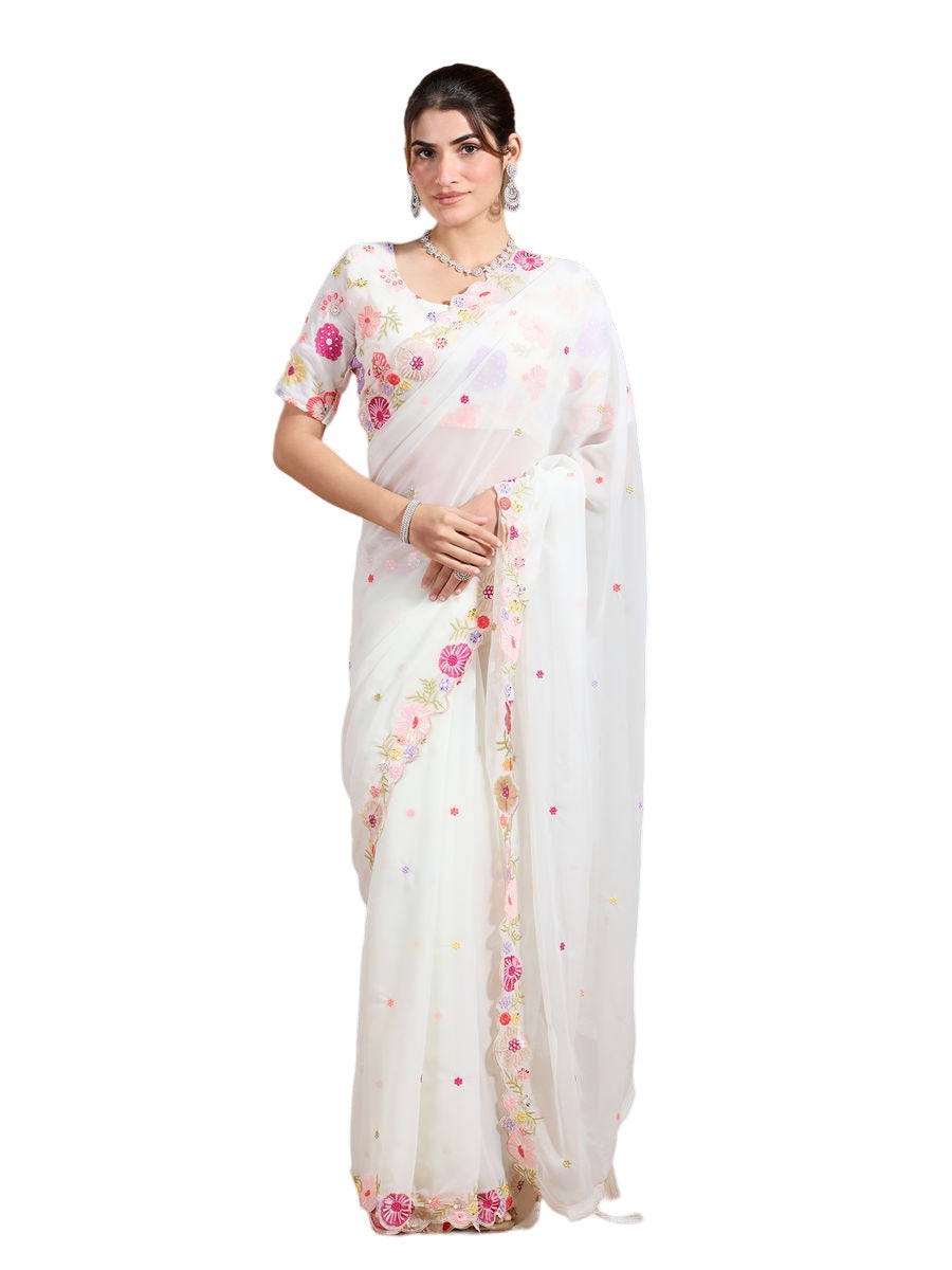 Vamika Embroidery Cream Georgette Bollywood Saree | Grocsy