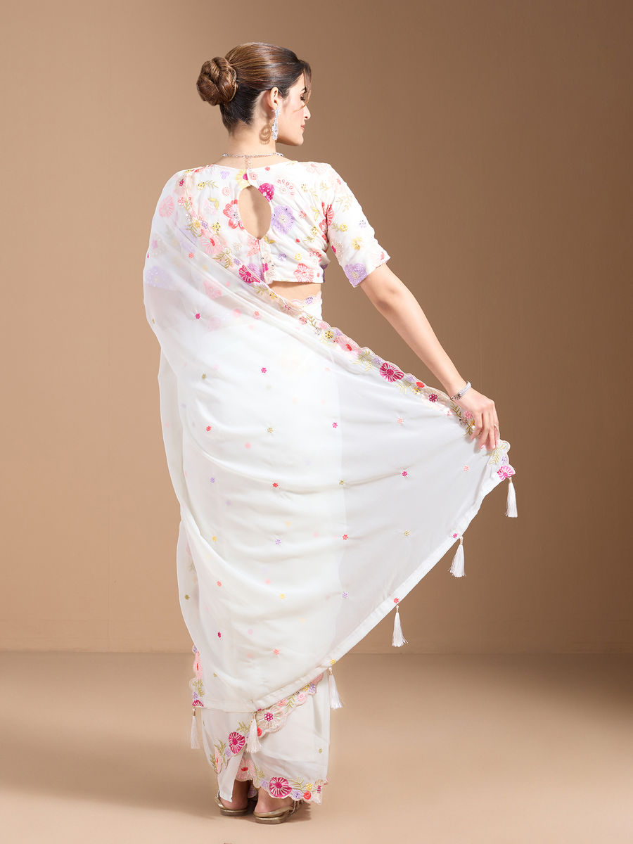 Vamika Embroidery Cream Georgette Bollywood Saree | Grocsy