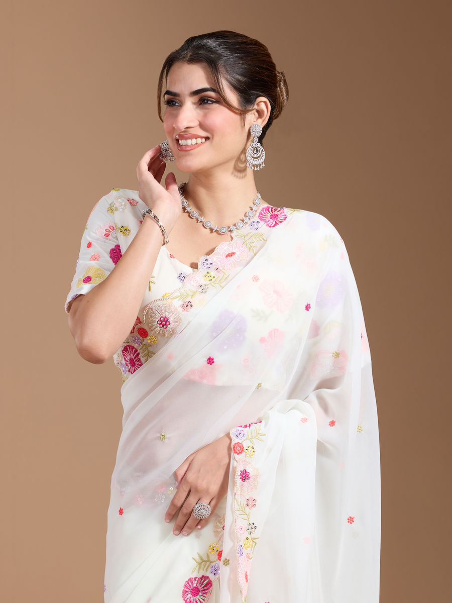 Vamika Embroidery Cream Georgette Bollywood Saree | Grocsy