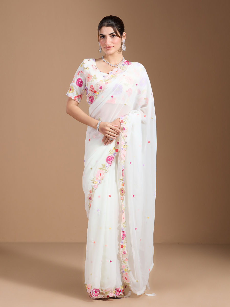 Vamika Embroidery Cream Georgette Bollywood Saree | Grocsy