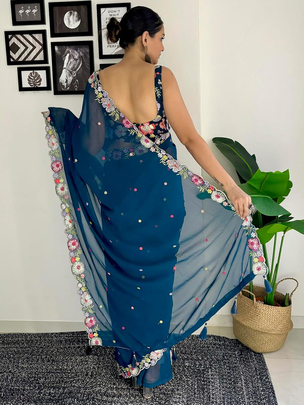 Vamika Embroidery Rama Green Georgette Bollywood Saree | Grocsy
