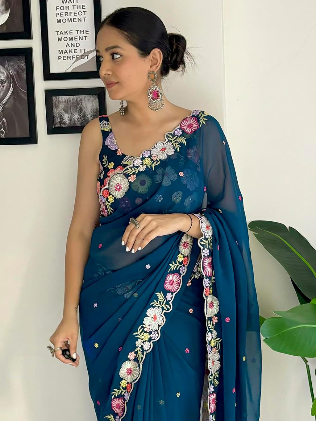 Vamika Embroidery Rama Green Georgette Bollywood Saree | Grocsy
