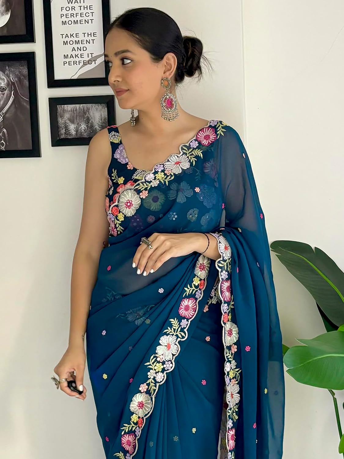 Vamika Embroidery Rama Green Georgette Bollywood Saree | Grocsy