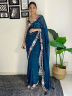 Vamika Embroidery Rama Green Georgette Bollywood Saree | Grocsy