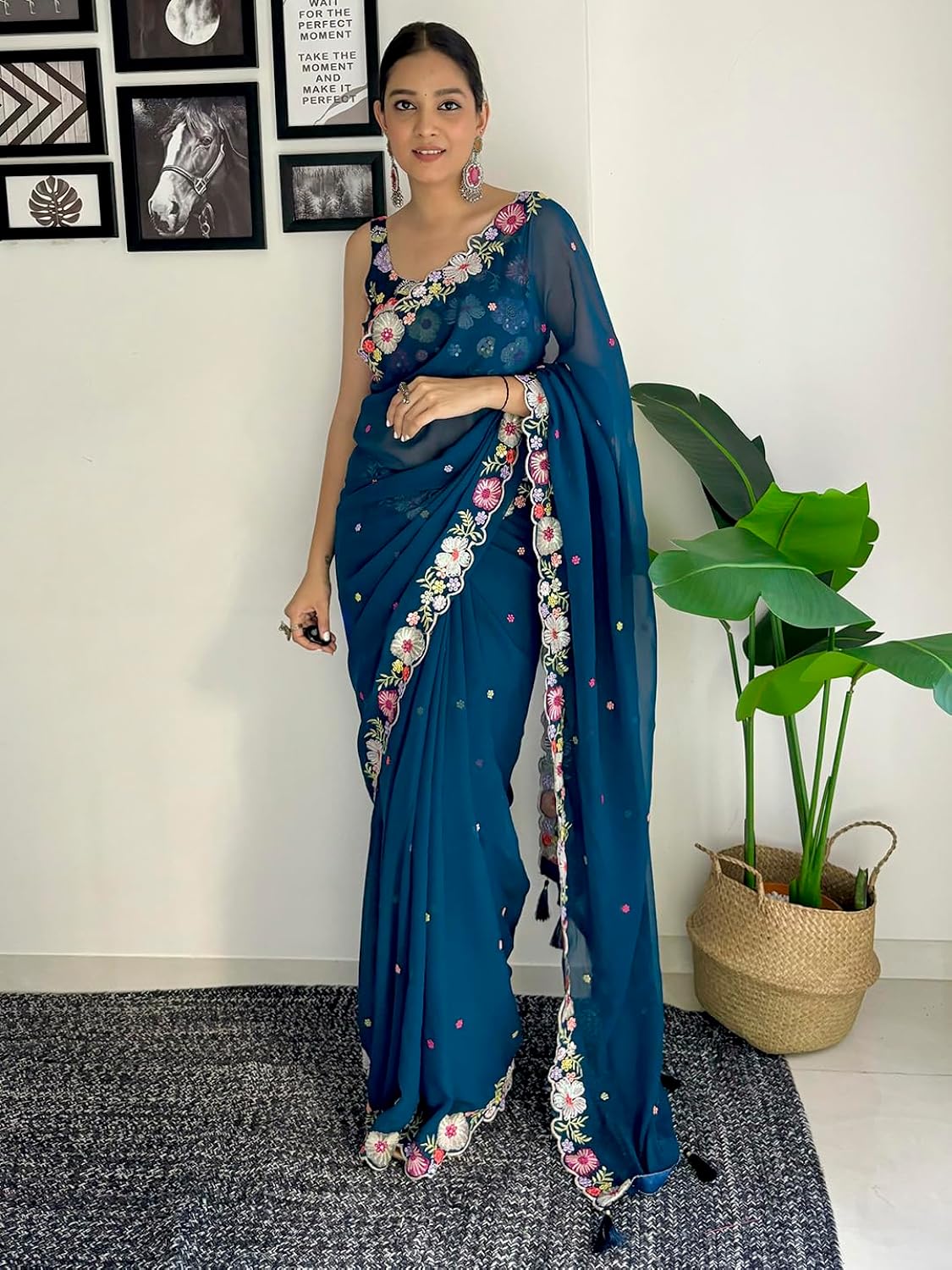 Vamika Embroidery Rama Green Georgette Bollywood Saree | Grocsy