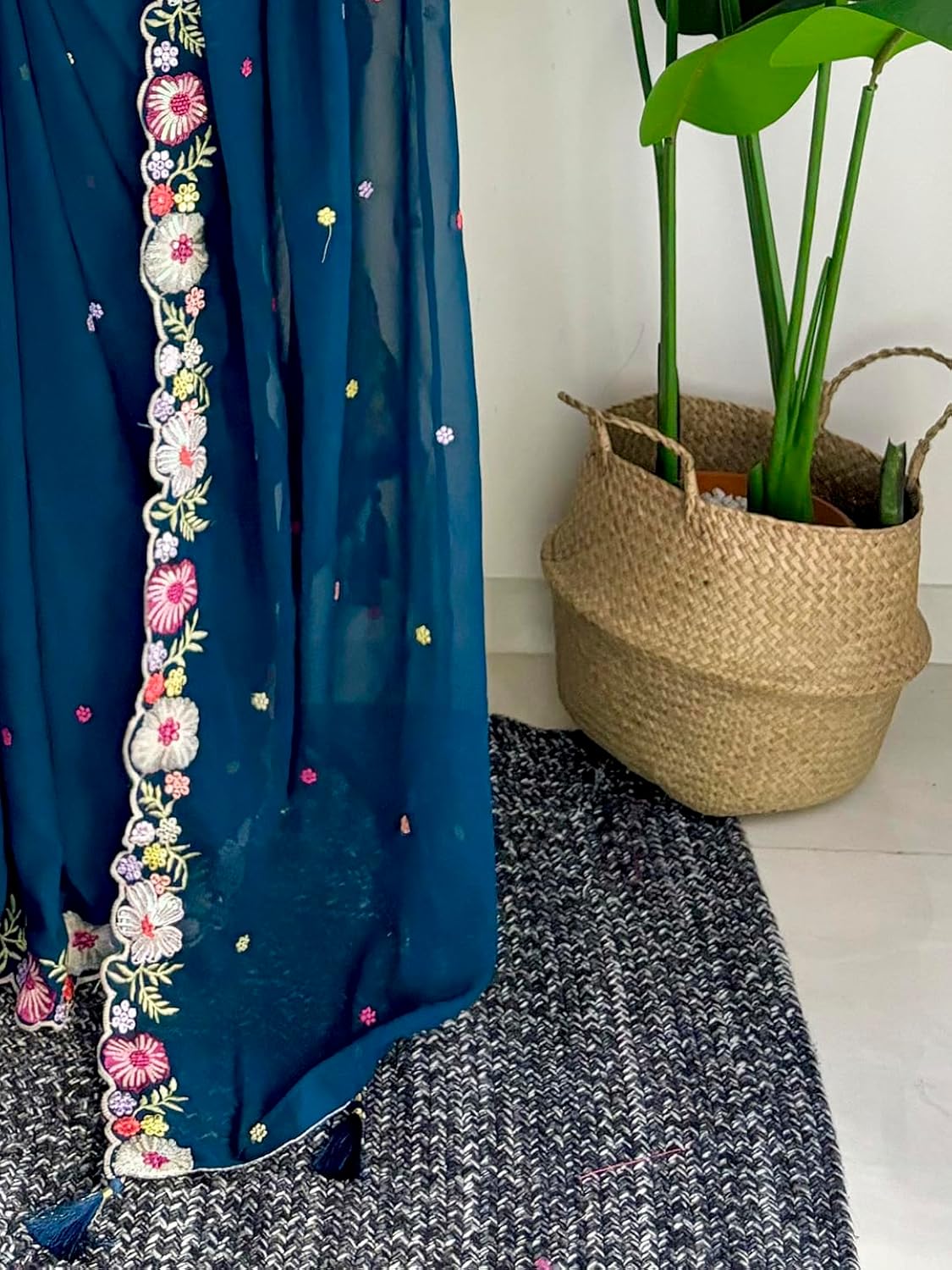 Vamika Embroidery Rama Green Georgette Bollywood Saree | Grocsy