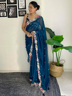Vamika Embroidery Rama Green Georgette Bollywood Saree | Grocsy