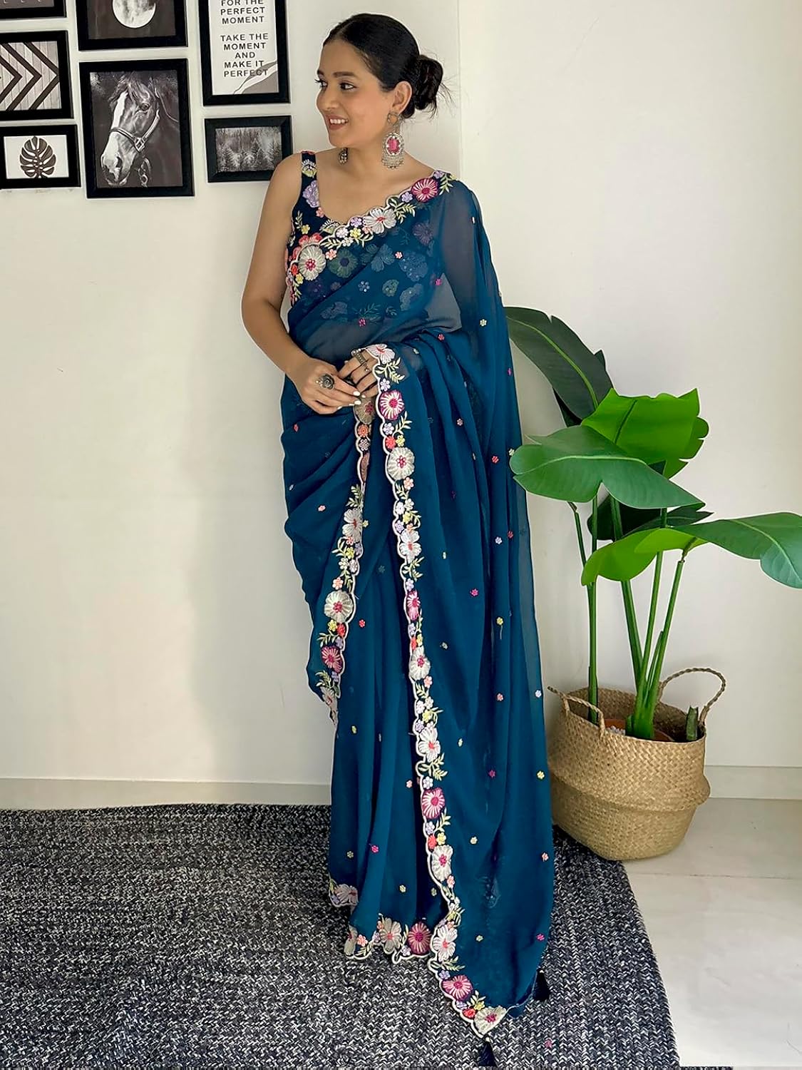 Vamika Embroidery Rama Green Georgette Bollywood Saree | Grocsy