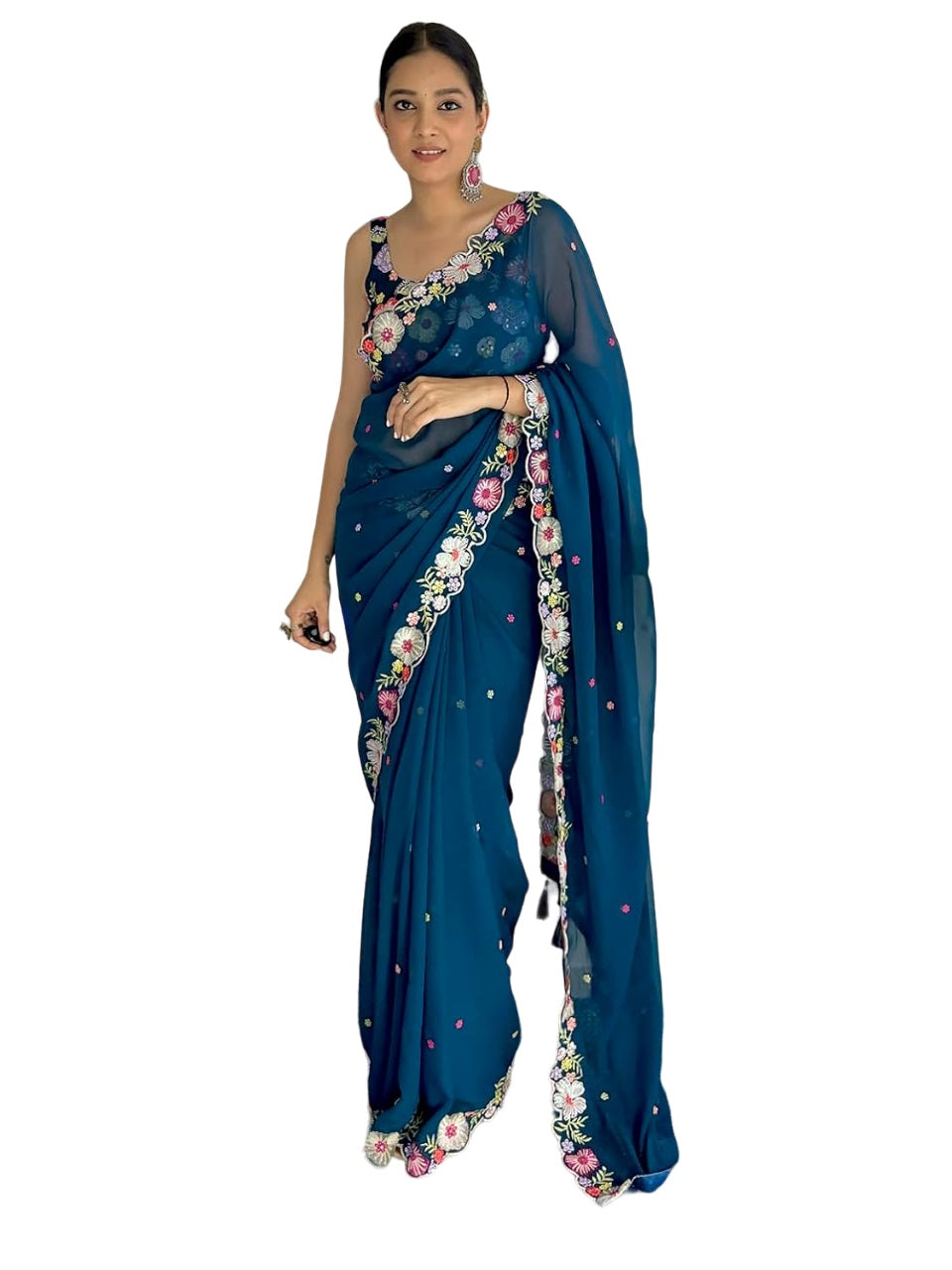 Vamika Embroidery Rama Green Georgette Bollywood Saree | Grocsy