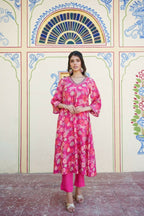 Vaasva Women Pink Muslin Pleated Kurta & Pant Clothing Set | Grocsy