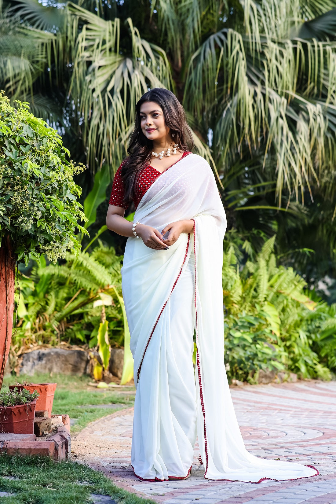 Teeya Creation Off White Color Georgette Fabric ready To Wear Saree | Grocsy