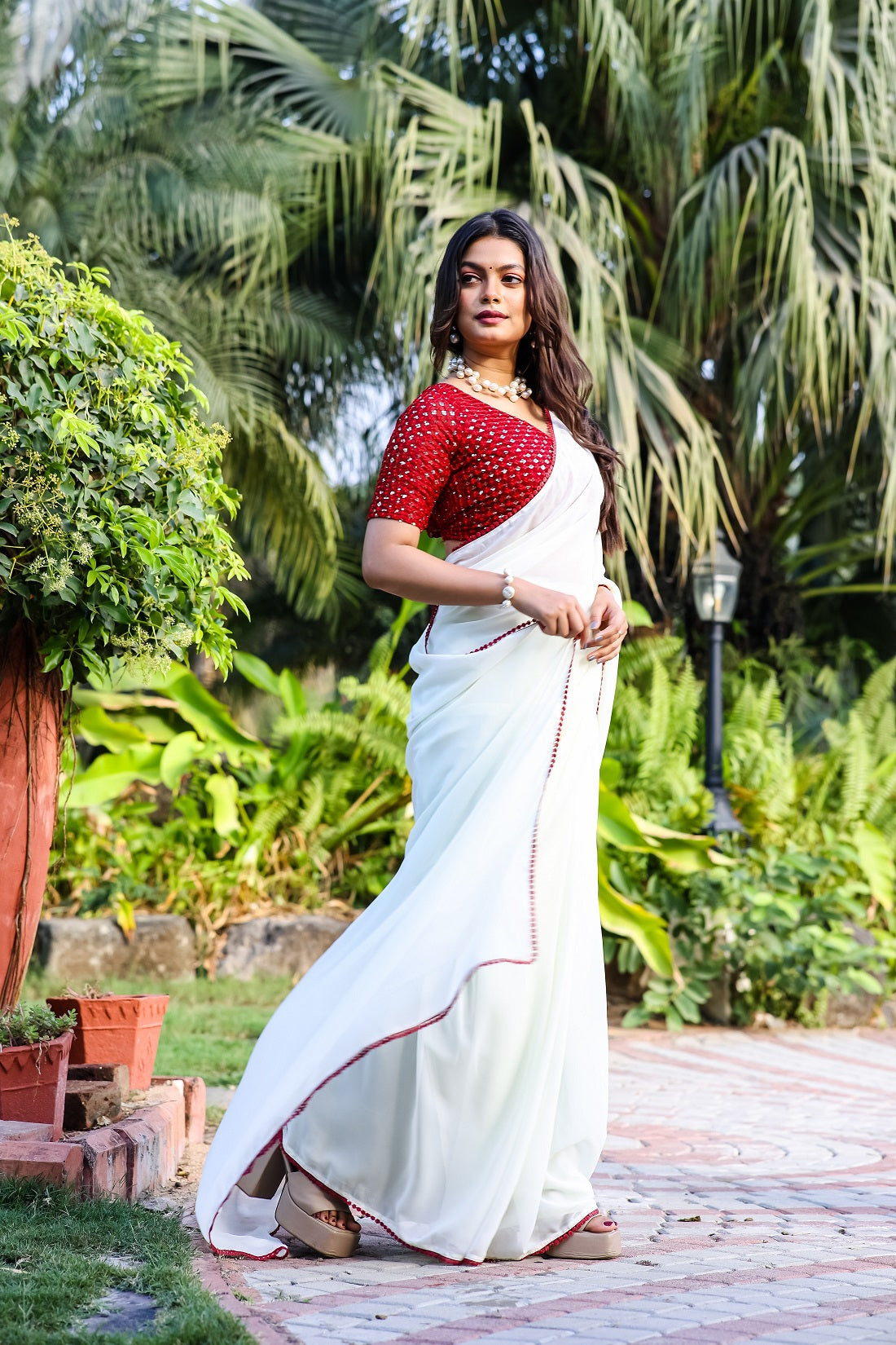 Teeya Creation Off White Color Georgette Fabric ready To Wear Saree | Grocsy
