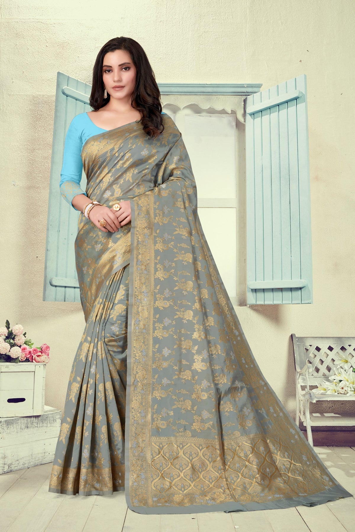 Vedant Vastram Litchi Silk Designer Banarasi Saree - Grey | Grocsy